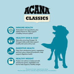 ACANA Classics saumon et orge - ingrédients légumes et fruits, soutien digestif potentiel.