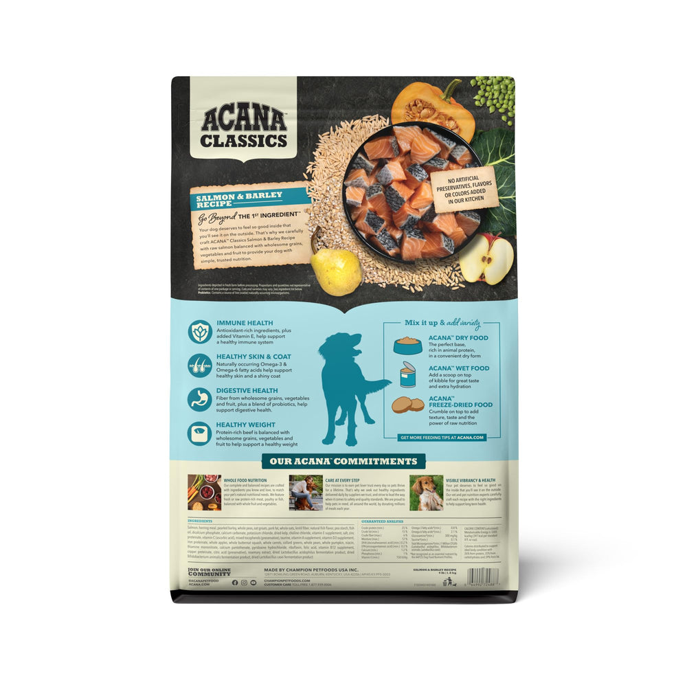 ACANA Classics saumon et orge - croquettes, texture croquante pour peau et pelage sains.