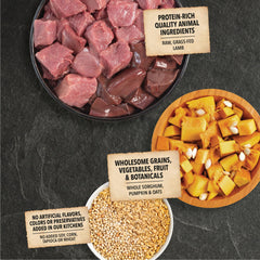 Étiquette et emballage ACANA Agneau et Potiron affichant source unique de protéines.