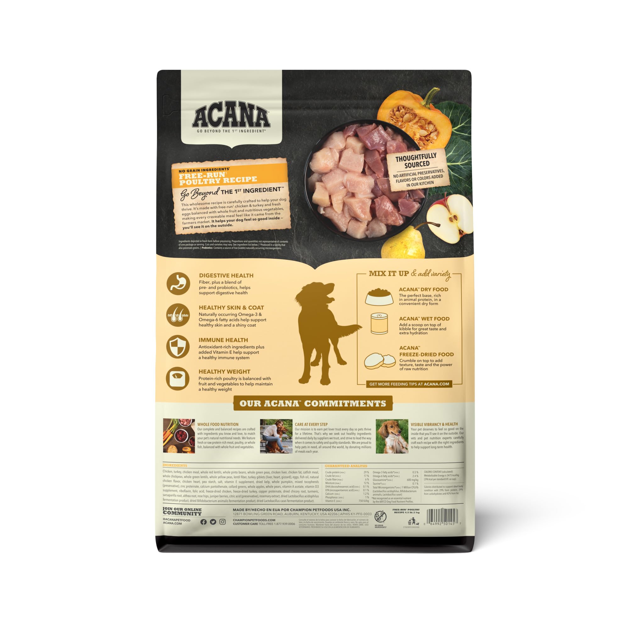 ACANA ingrédients animaux hautes protéines pour chiens actifs et en forme.