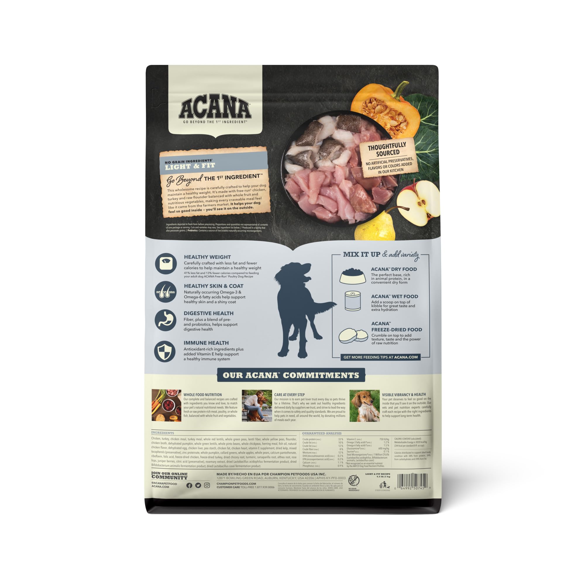 Croquettes ACANA Light & Fit haute protéine pour chien actif.