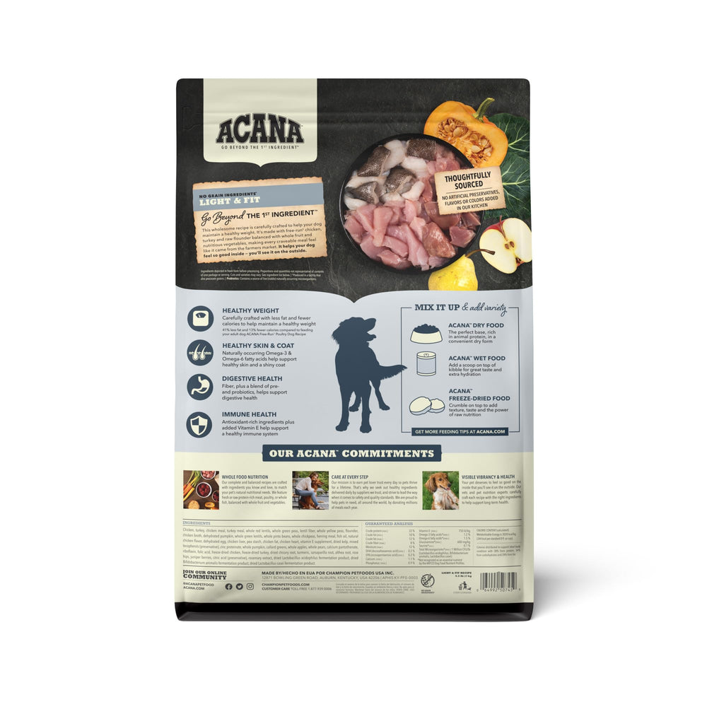 Croquettes ACANA Light & Fit haute protéine pour chien actif.