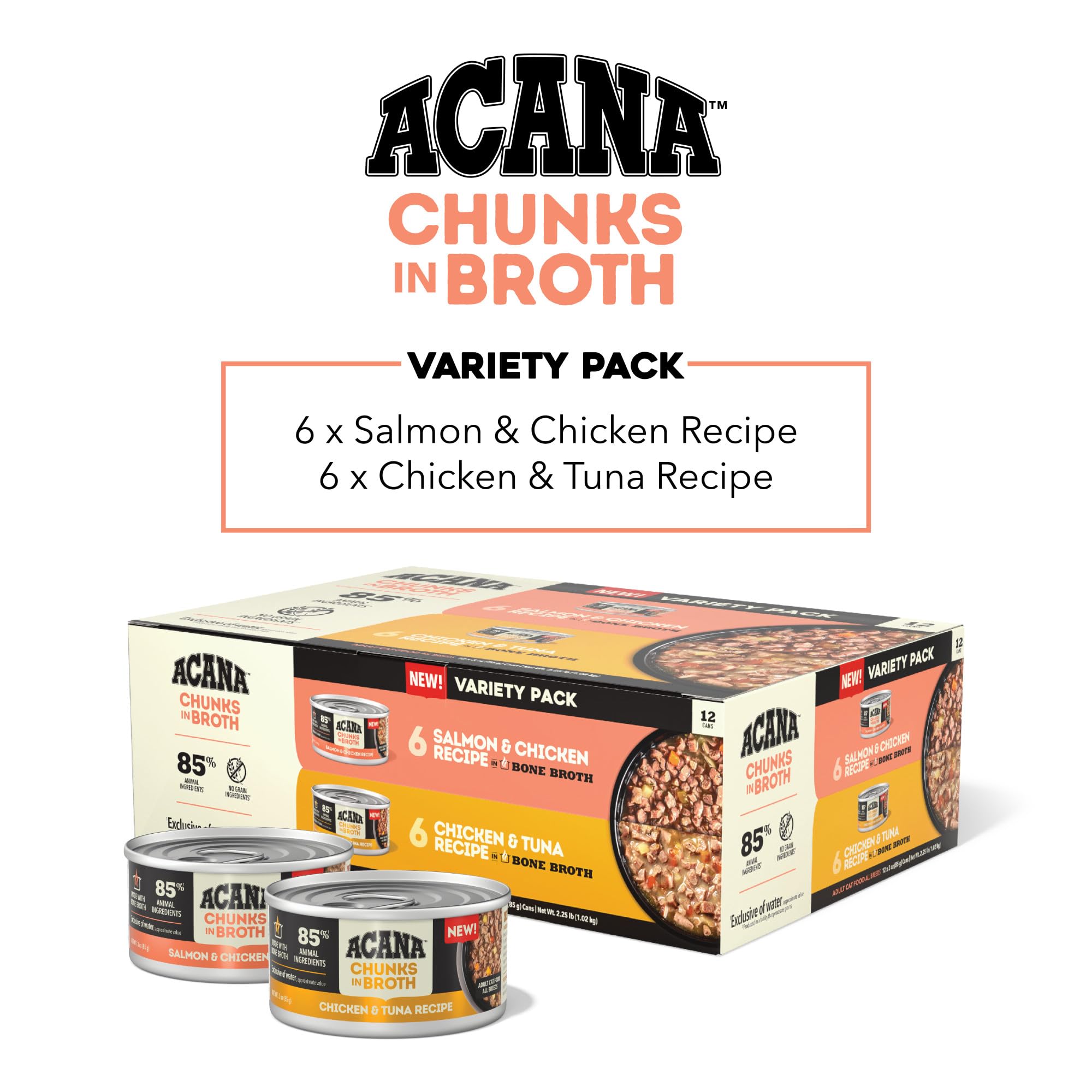 ACANA Morceaux dans le bouillon poulet et thon, texture appétente pour chat.