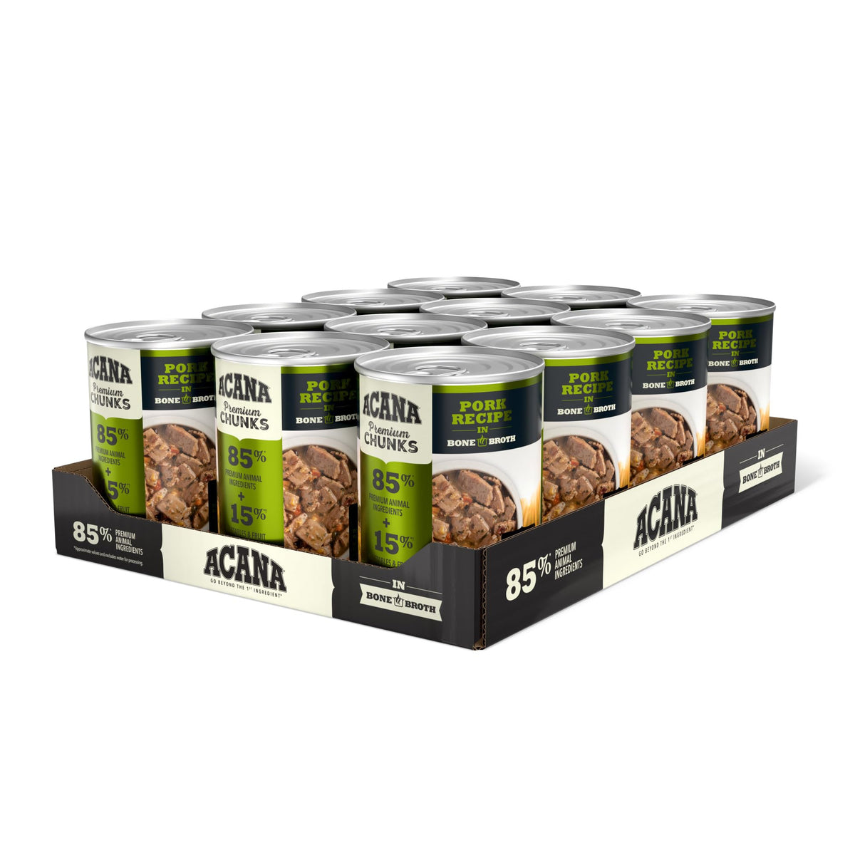 ACANA Morceaux de porc dans bouillon osseux, morceaux juteux et protéinés.