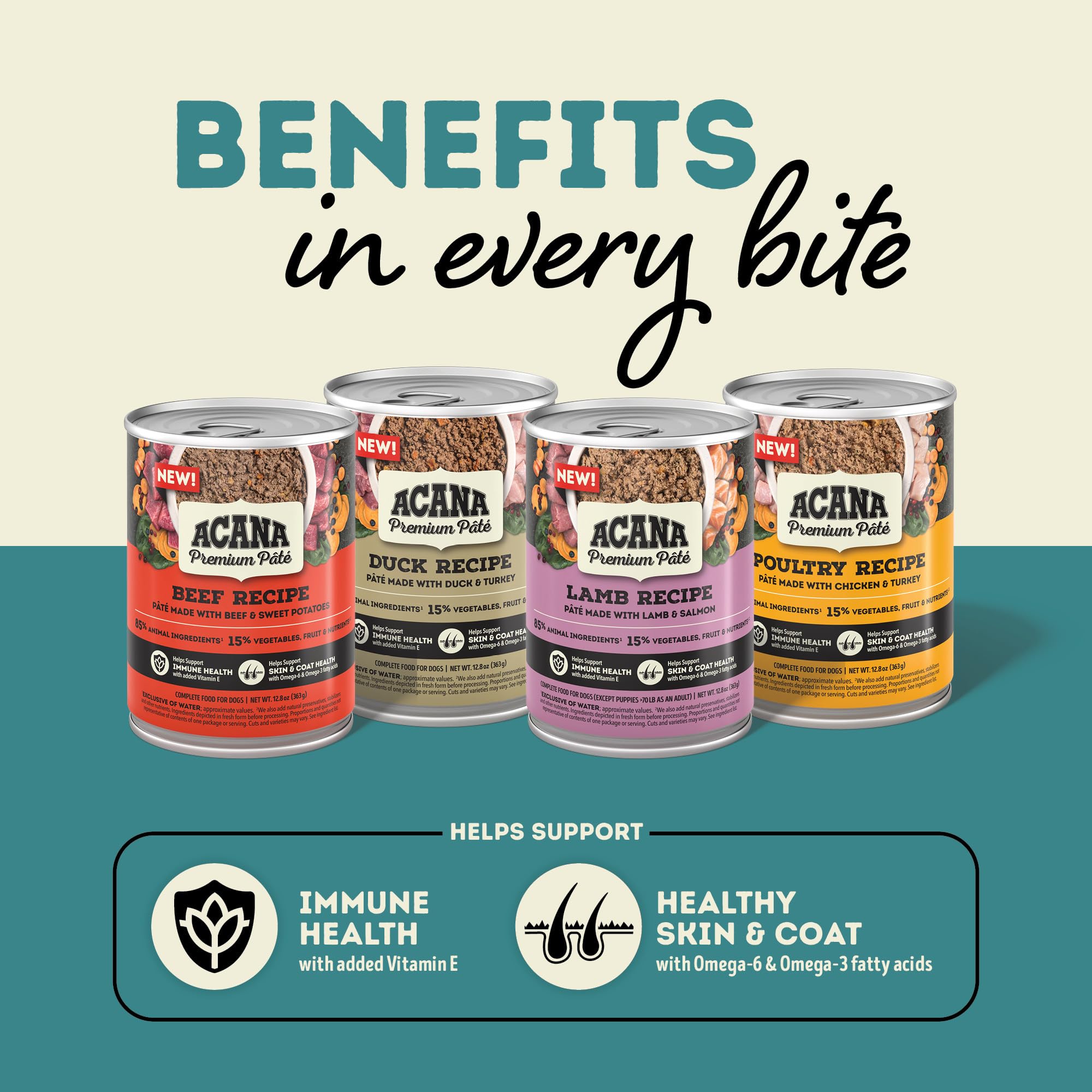 ACANA Pâté 85% ingrédients animaux, 15% fruits et légumes.