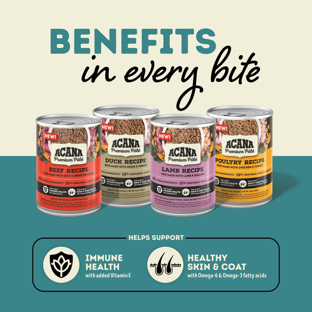 ACANA Pâté 85% ingrédients animaux, 15% fruits et légumes.