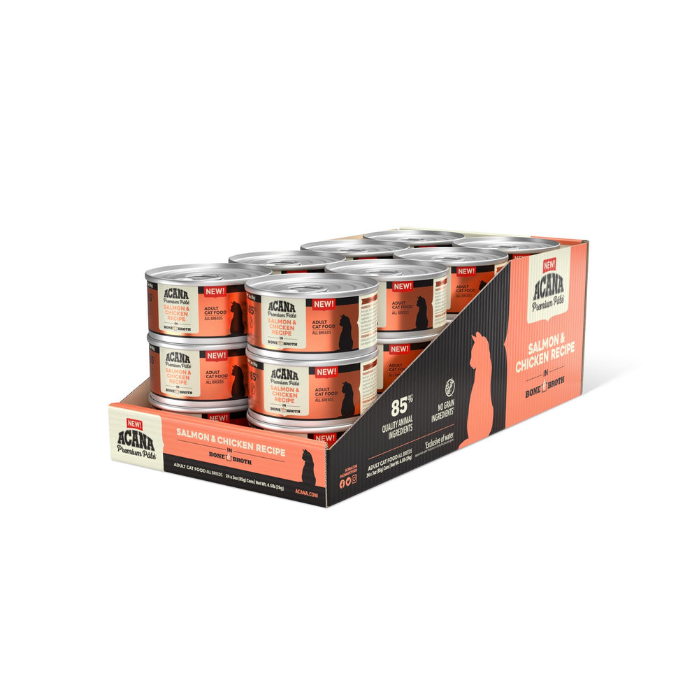 ACANA Premium Pâté Saumon et Poulet avec Bouillon d'Os, saveur et hydratation.