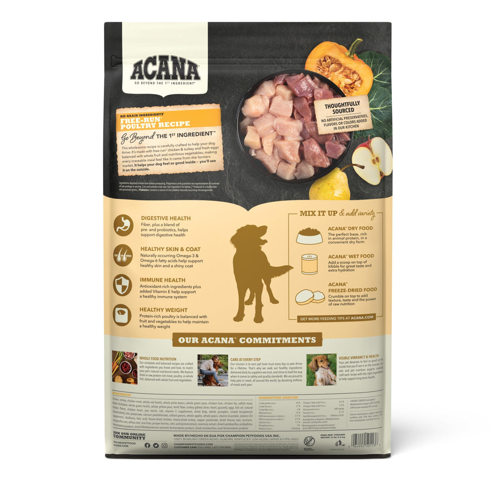 ACANA Sans Cereales Poulet Dinde Oeufs Libres – emballage et ingrédients premium.