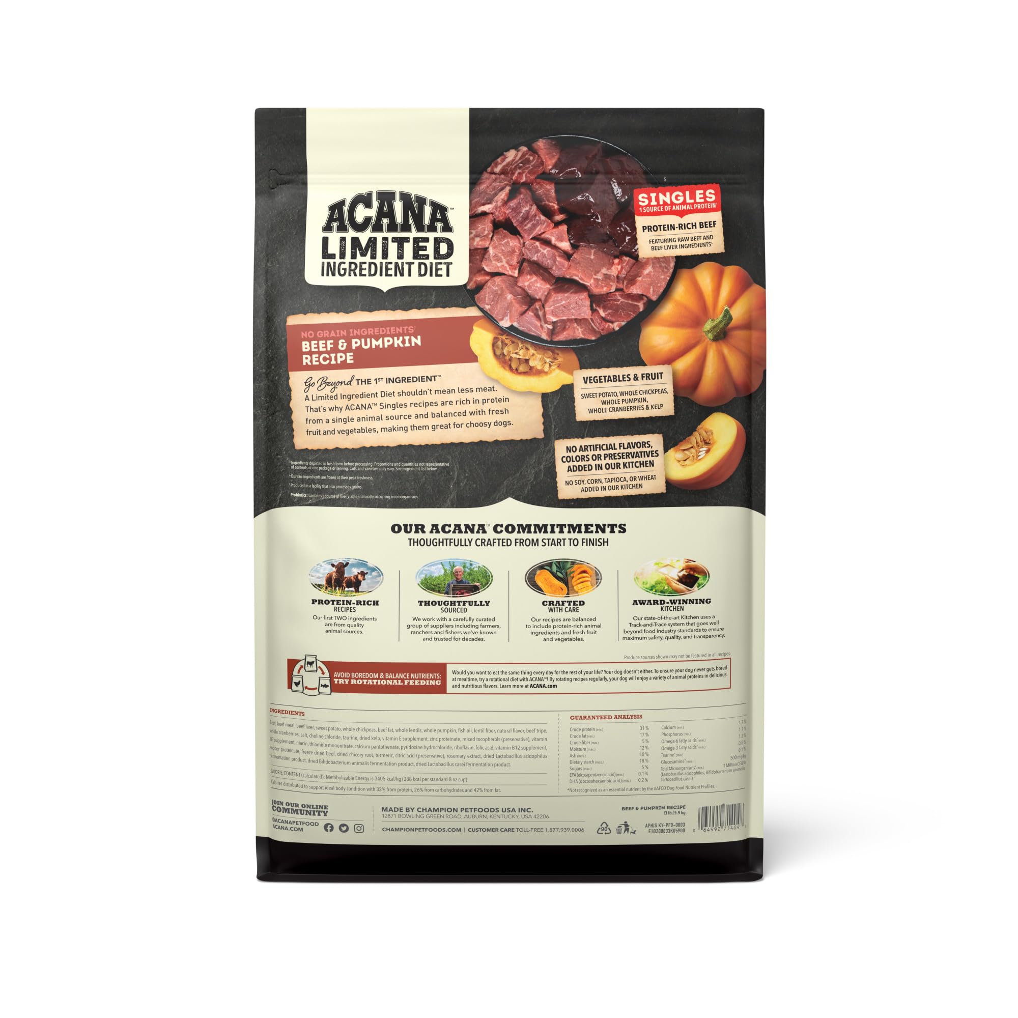 Croquettes ACANA Singles boeuf-citrouille sans céréales pour soutien digestif