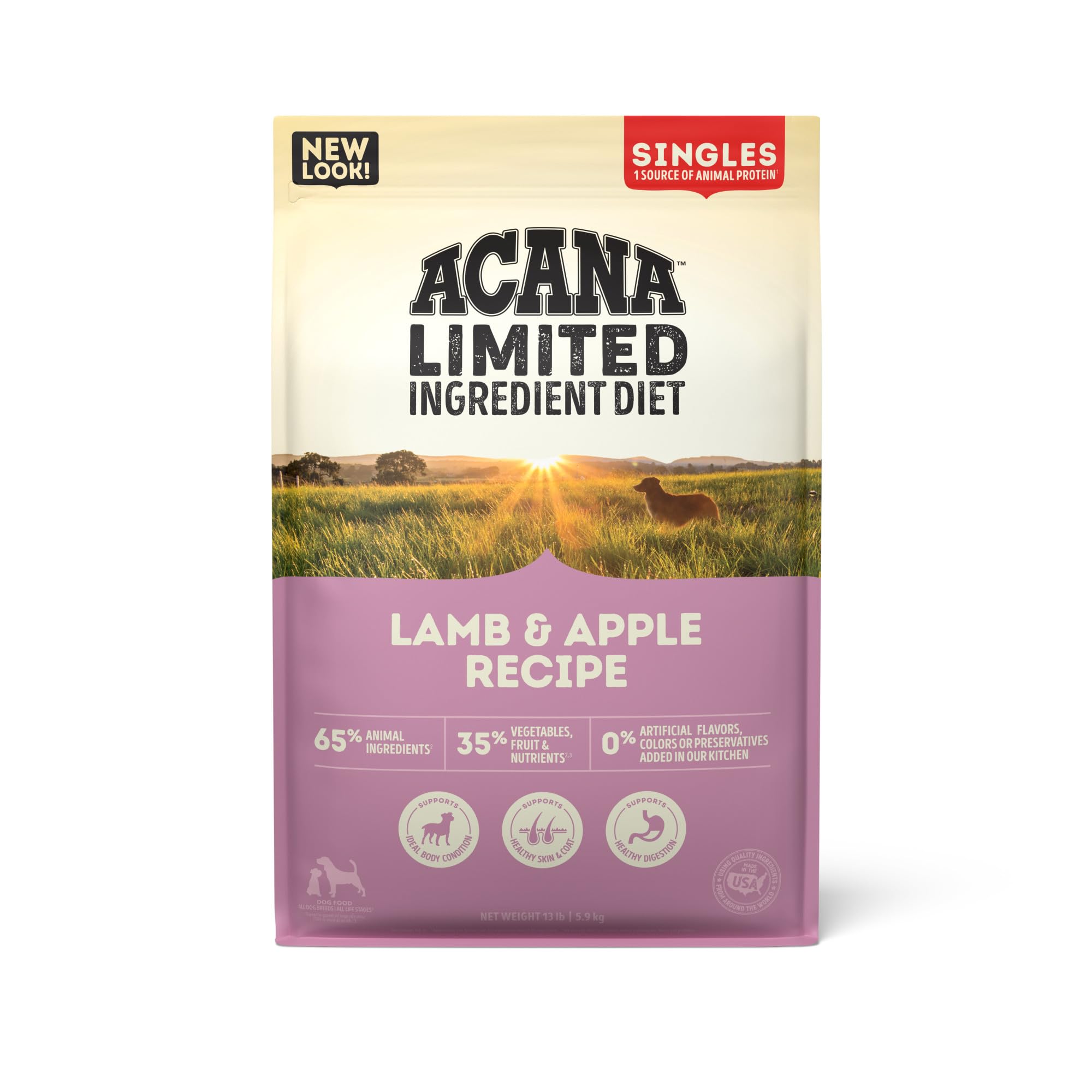 ACANA Singles nourriture pour chien seche agneau-pomme, sac 13 lb, protéines élevées.