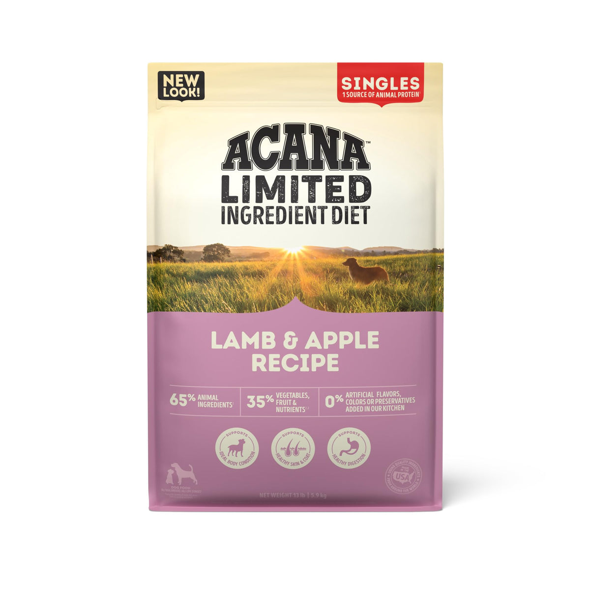 ACANA Singles nourriture pour chien seche agneau-pomme, sac 13 lb, protéines élevées.
