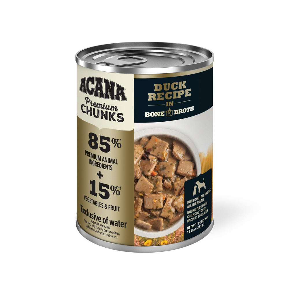 ACANA Tranches canard dans bouillon, texture moelleuse et facile à mâcher.