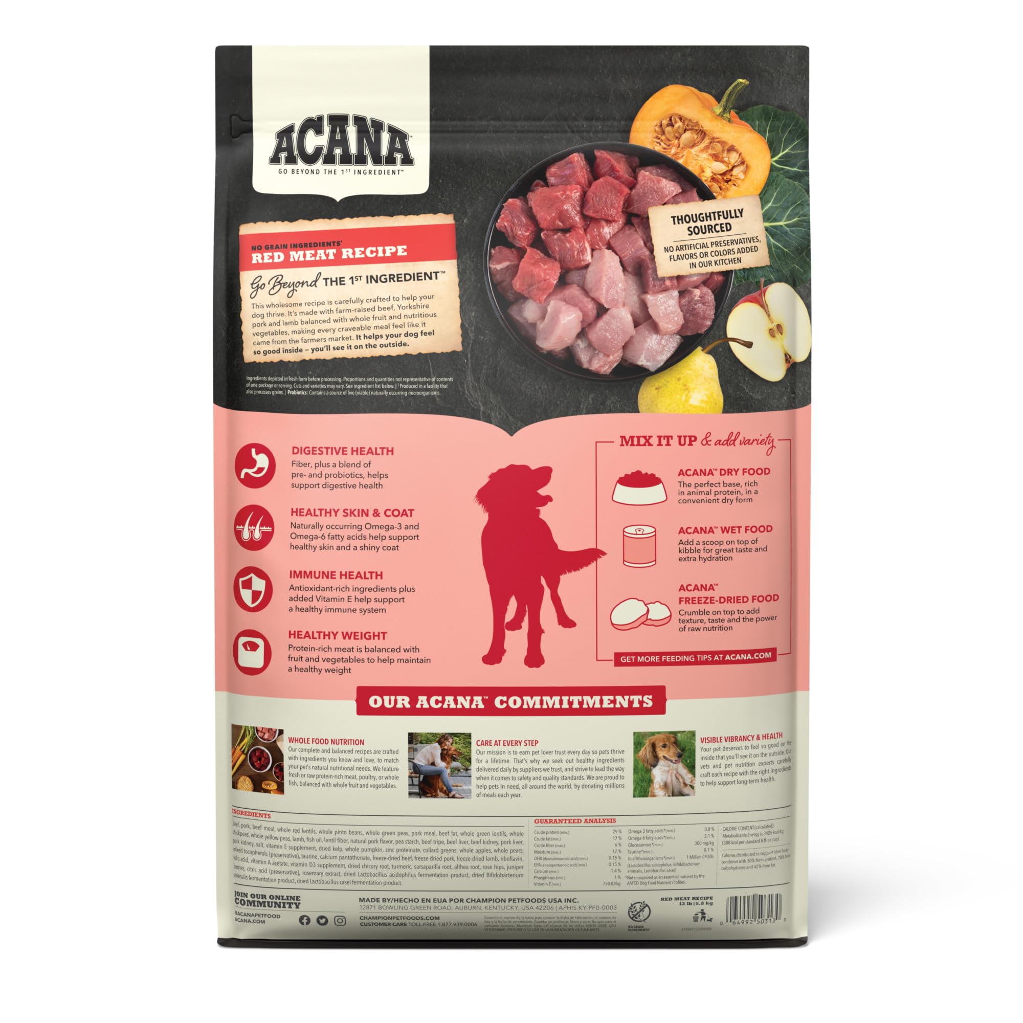 ACANA Recette Viande Rouge sec chien: ingrédients frais et aliments complets pour digestion saine.