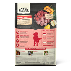 ACANA Recette Viande Rouge sec chien: ingrédients frais et aliments complets pour digestion saine.