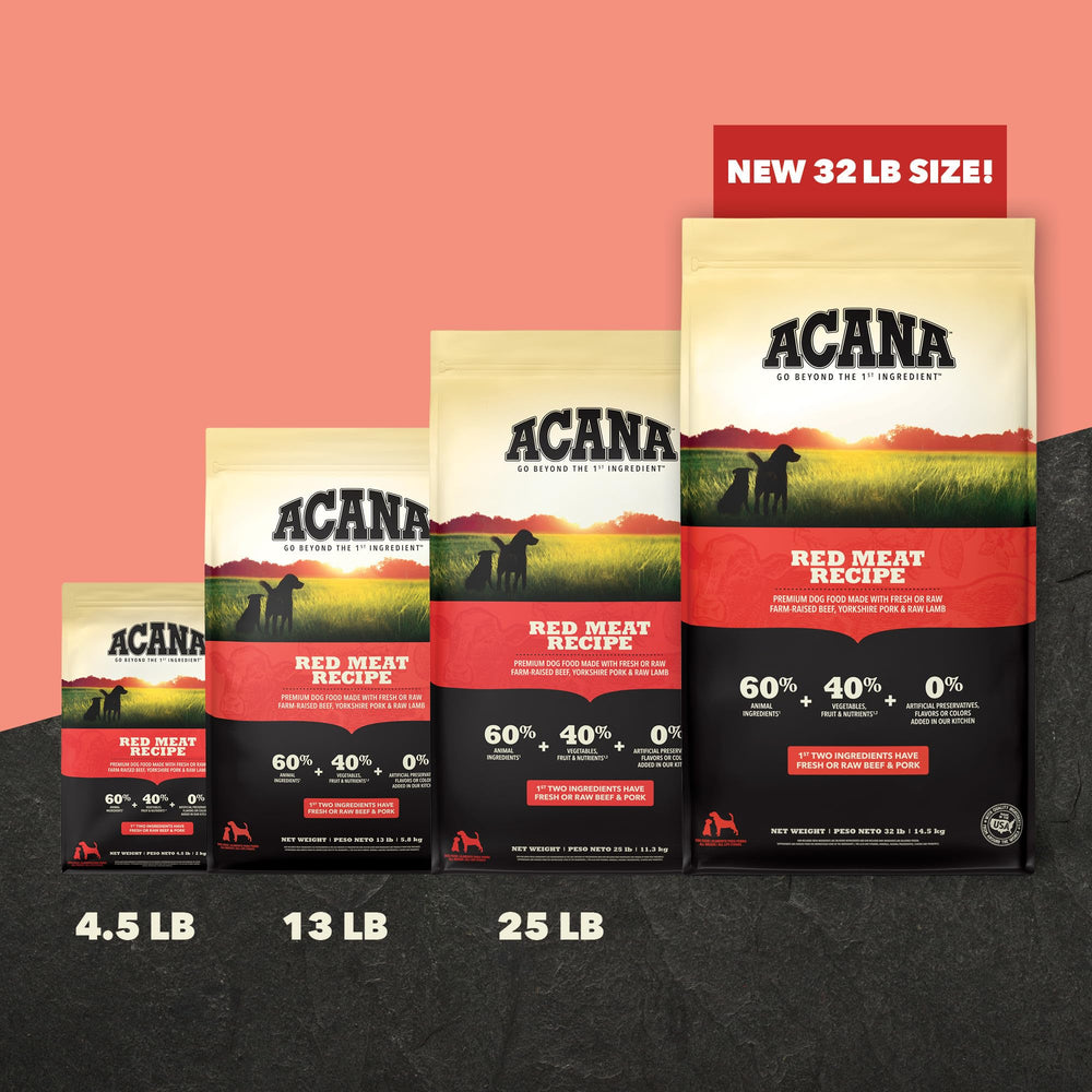 ACANA Recette Viande Rouge sec chien: ingrédients frais réfrigérés et crus surgelés.