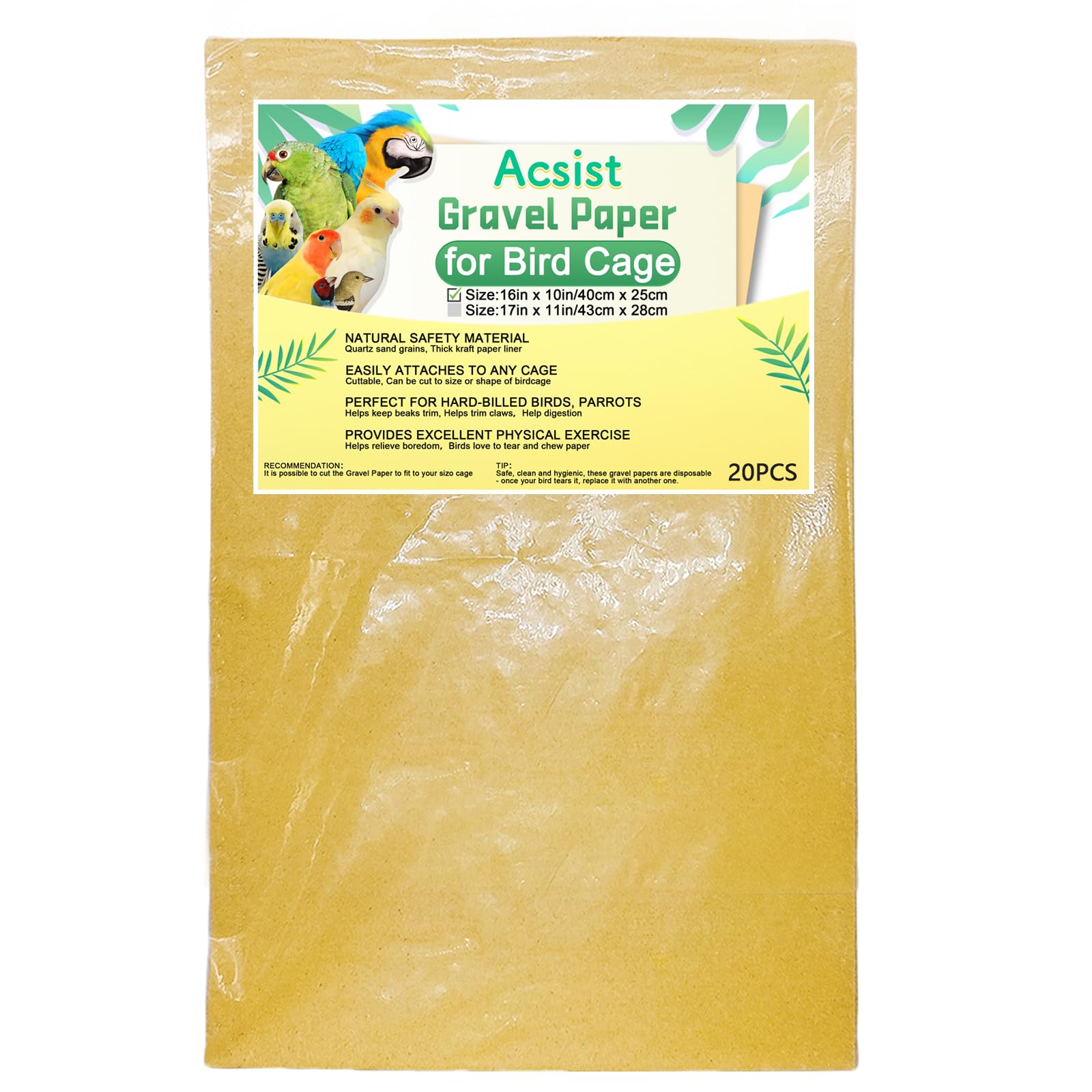 Acsist papier-gravier pour cage 16x10, outil d ajustement et distraction pour oiseaux