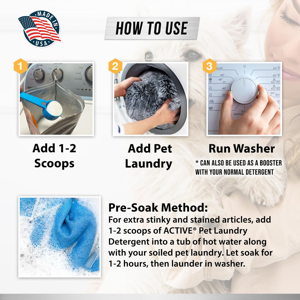 ACTIVE Detergent s’utilise facilement avec une pré-trempage pour les taches tenaces.
