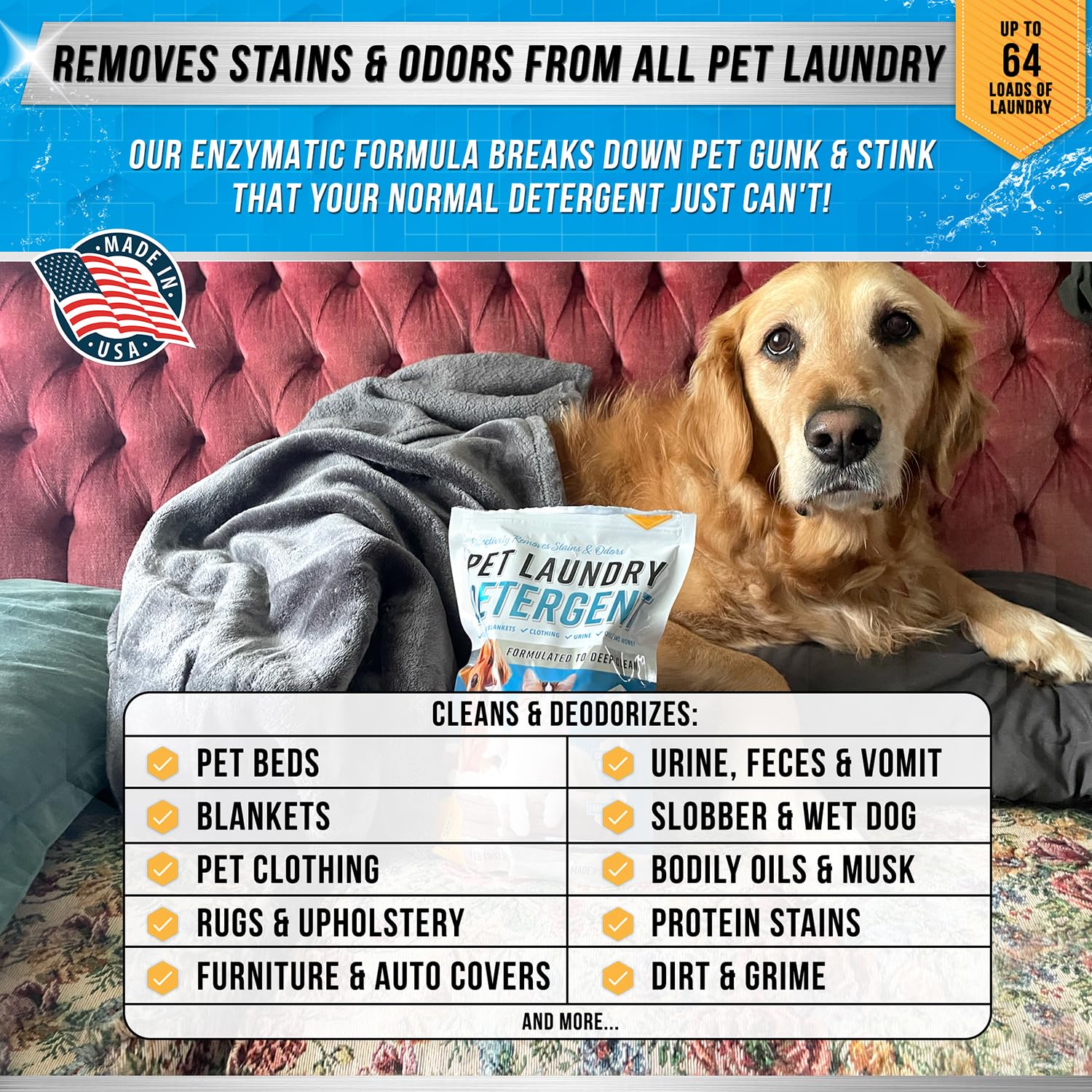 ACTIVE Detergent élimine les odeurs d’urine sur les textiles animaux, laissant un linge propre et frais.