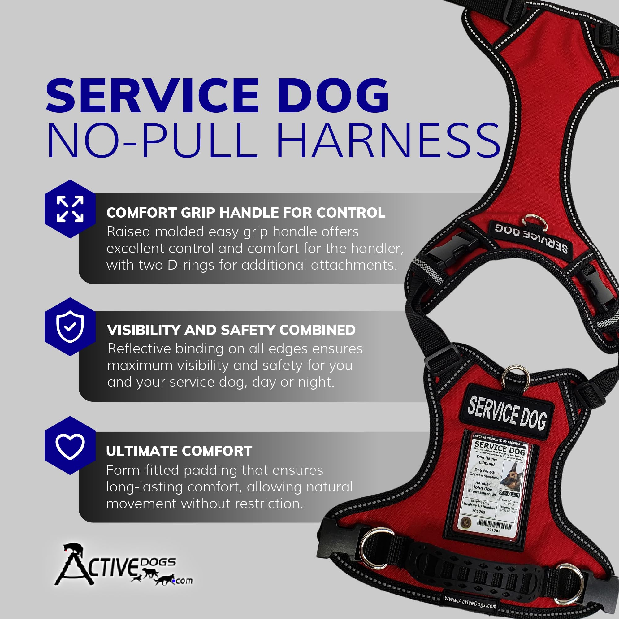 Harnais ActiveDogs service-chien fenetre-identification rouge pour repérage rapide.