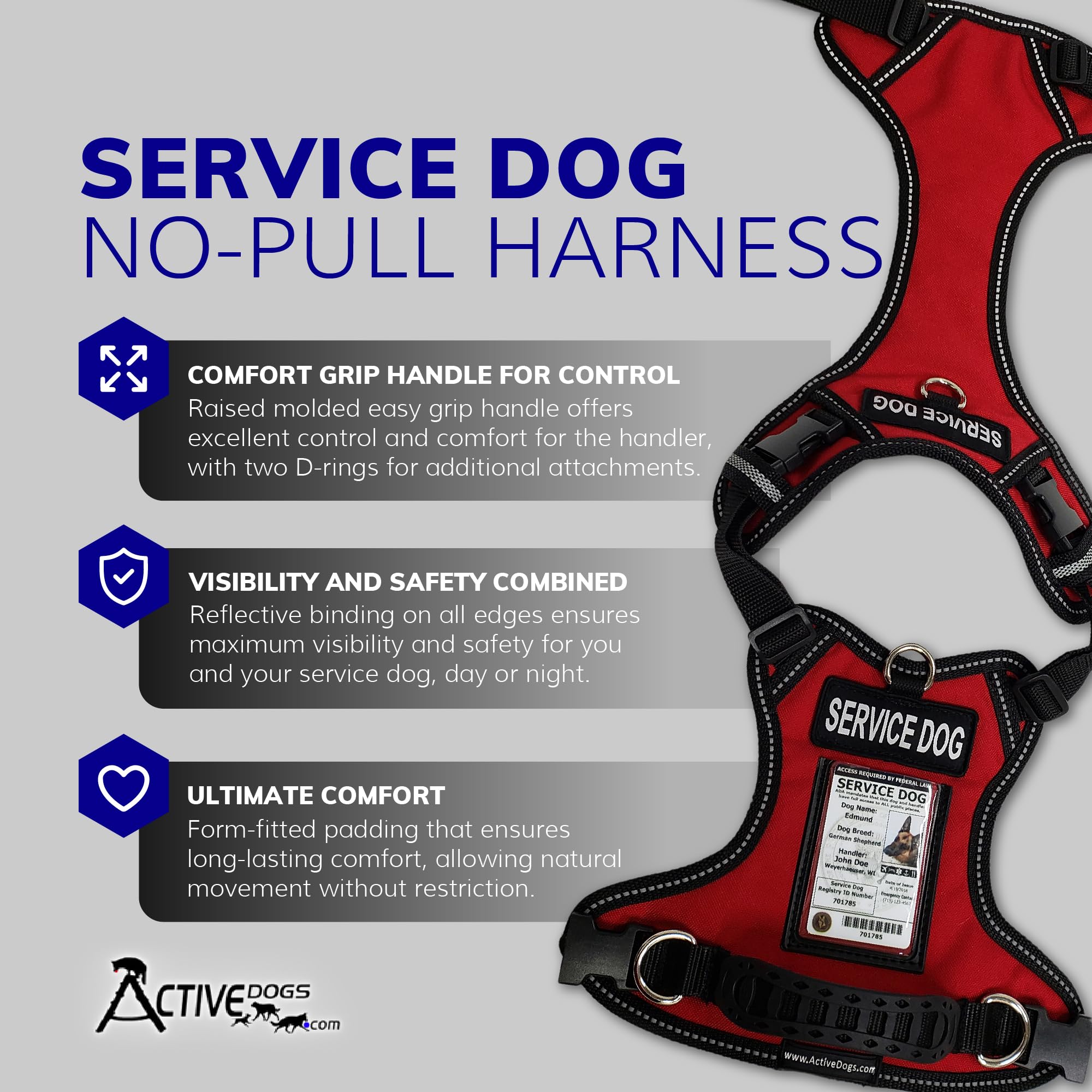 Harnais ActiveDogs avec fenêtre d'identification pratique pour les badges