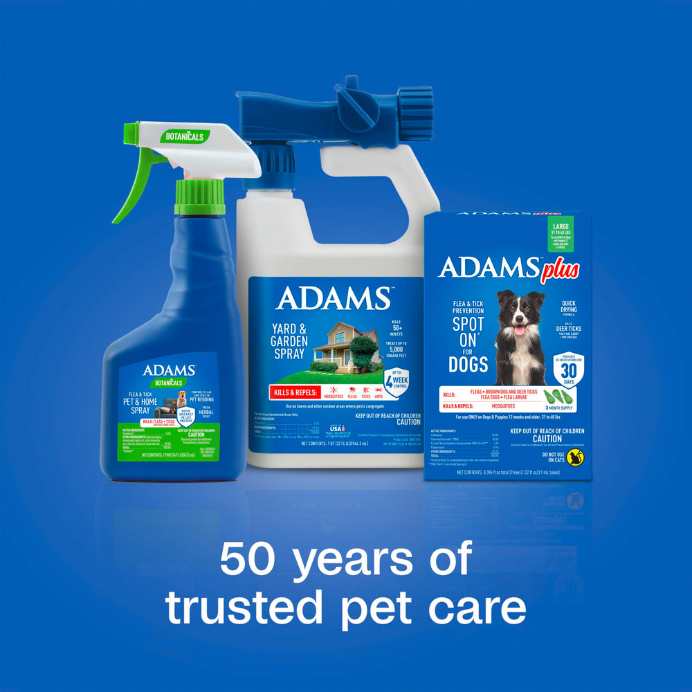ADAMS Plus controle puces et tiques tout en prevenant les infestations.