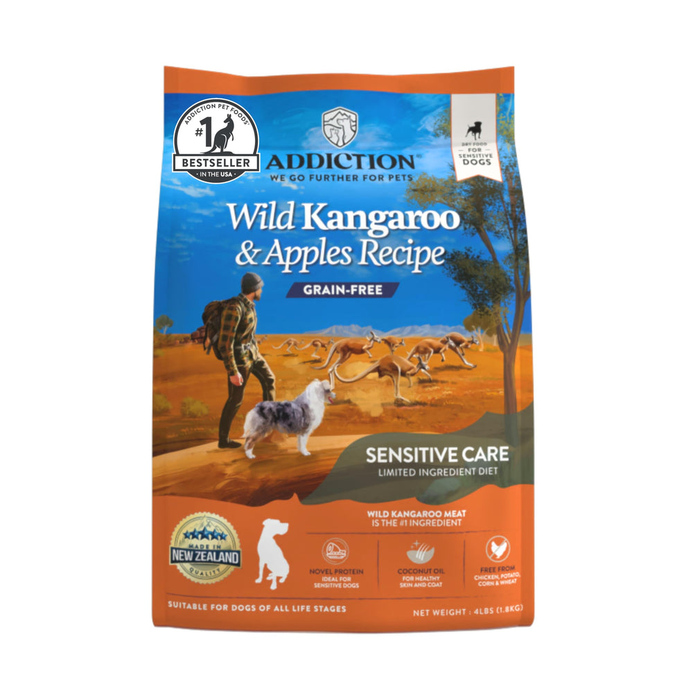 Addiction croquettes chien kangourou-pommes en sachet, protéine unique adaptée aux chiens sensibles.