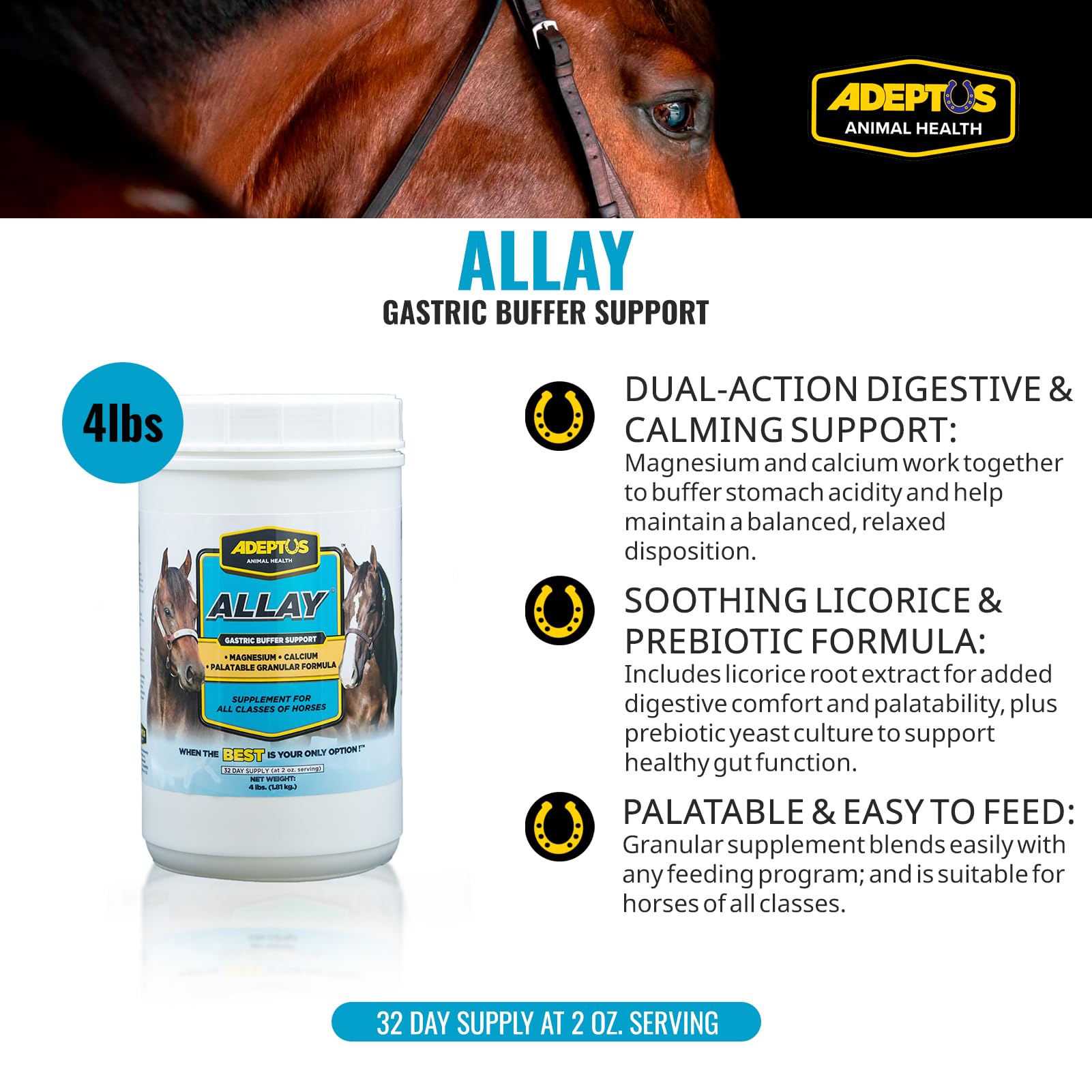 Allay équin base prébiotique soutenant le confort digestif pendant l'alimentation riche en grains.