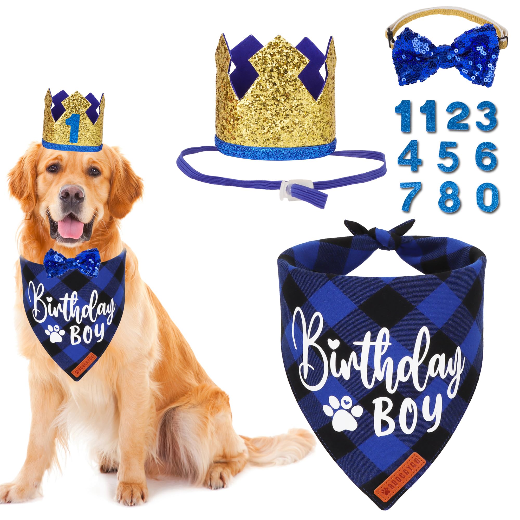 Chapeau anniversaire ADOGGYGO pour chien, effet doré, idéal pour des photos festives.