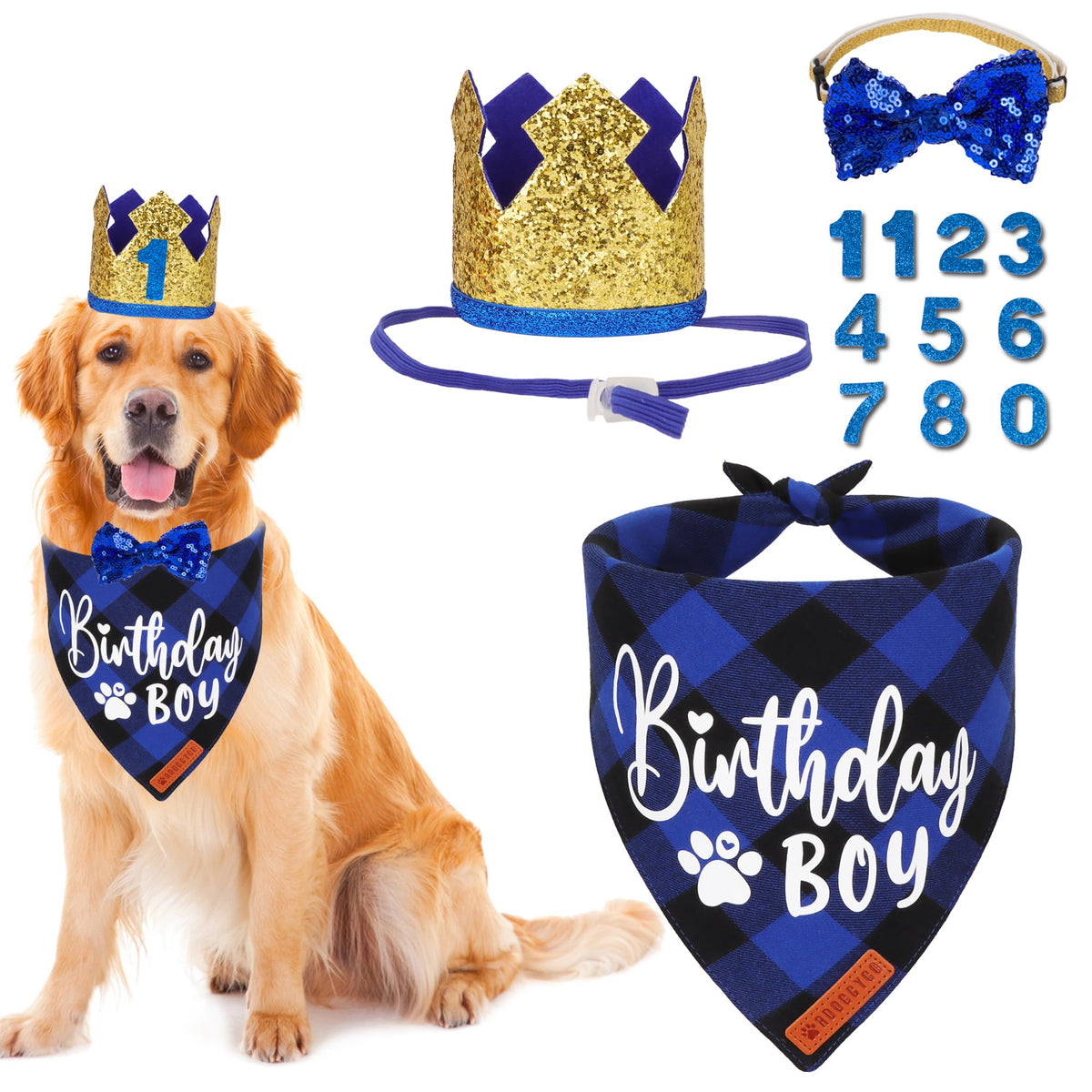 Chapeau anniversaire ADOGGYGO pour chien, effet doré, idéal pour des photos festives.