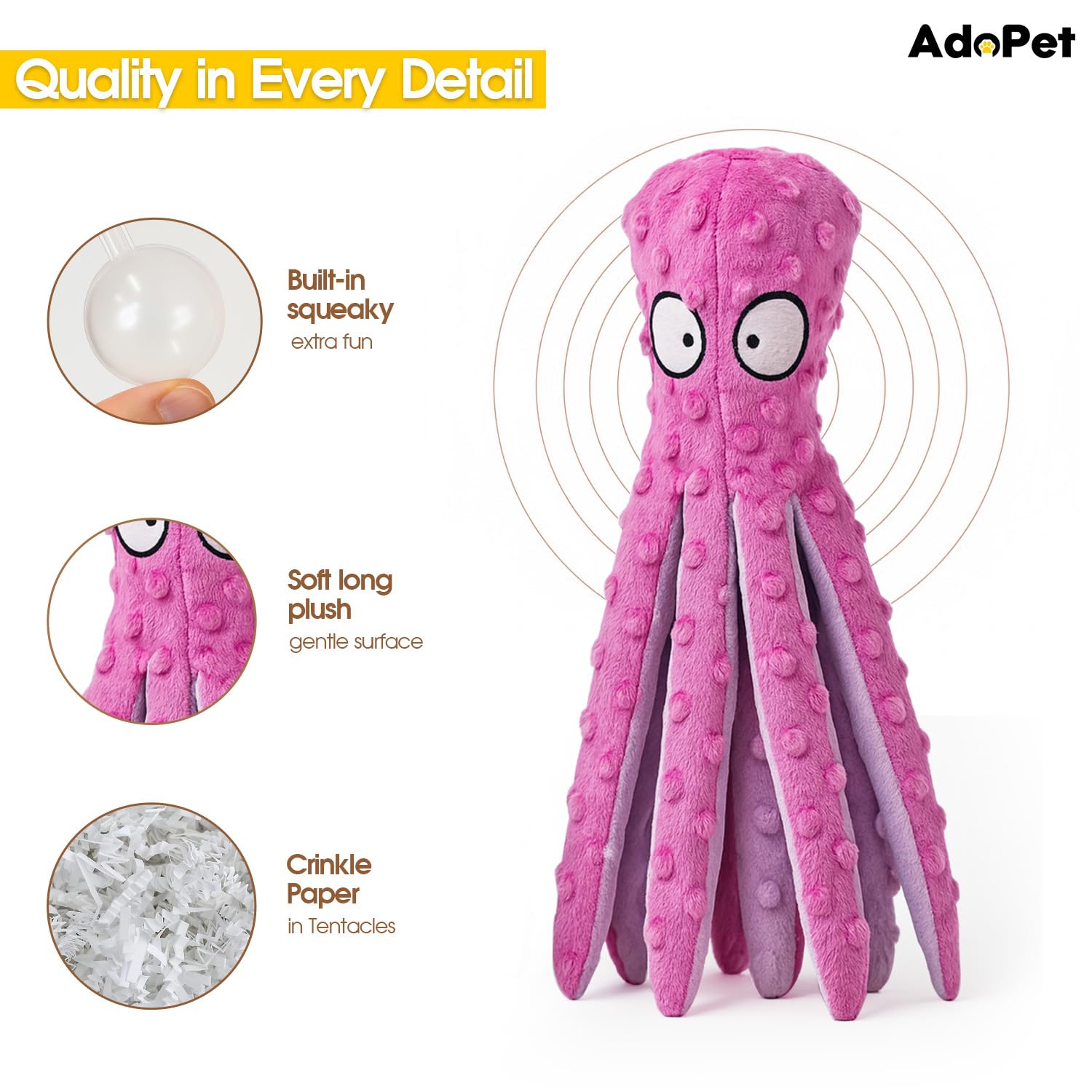 Adopet poulpe rose avec sifflement, parfait pour câlins et jeux mordillés.