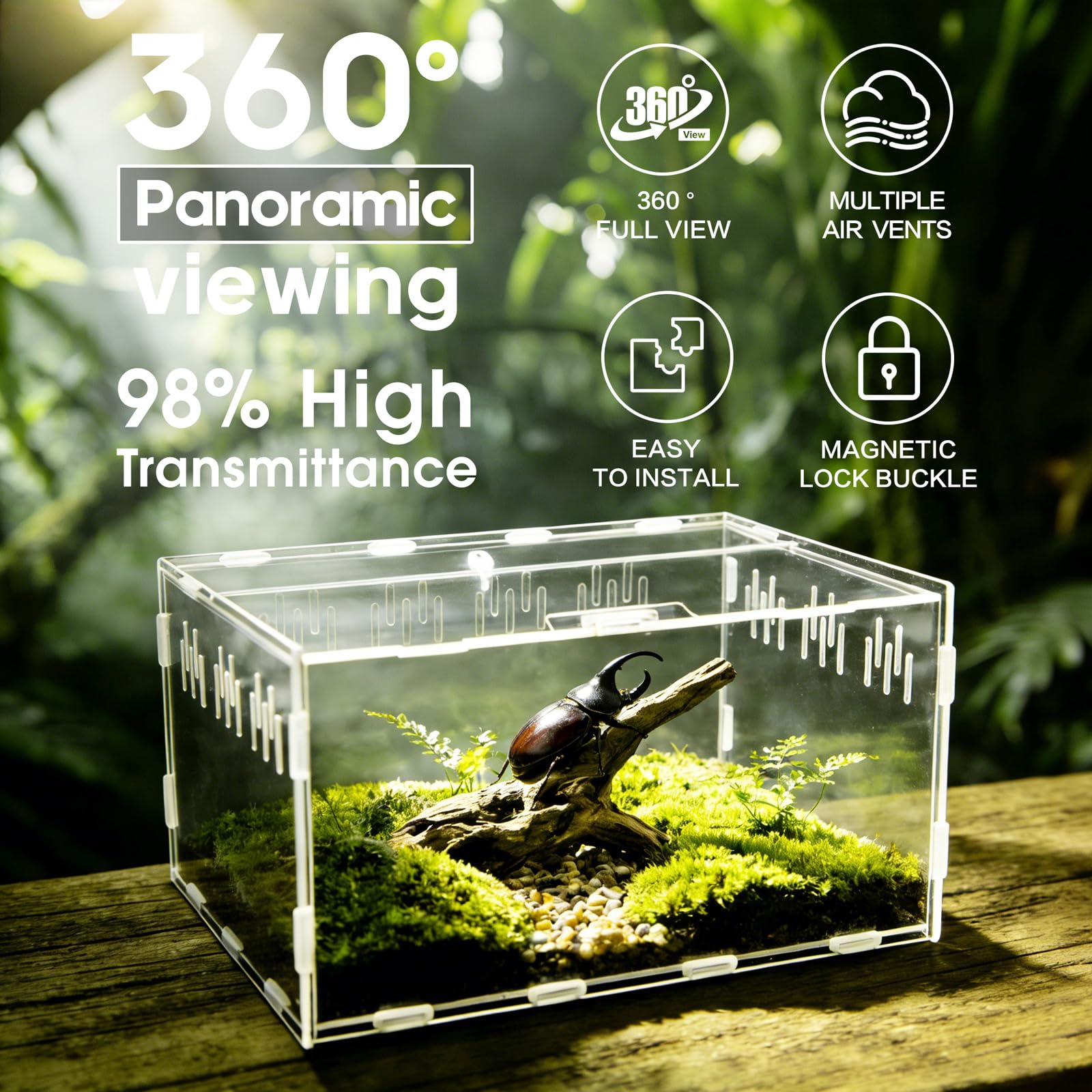 Vue 360 du terrarium Adoture en acrylique pour suivre le comportement des animaux.