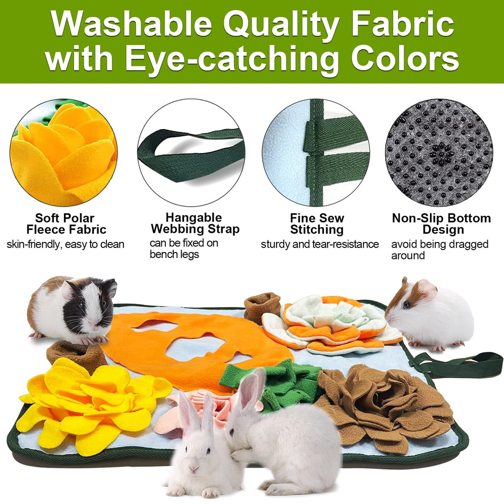 Adpartner tapis-de-fouille-lapin-foin-dedans: foin et friandises dissimulés.