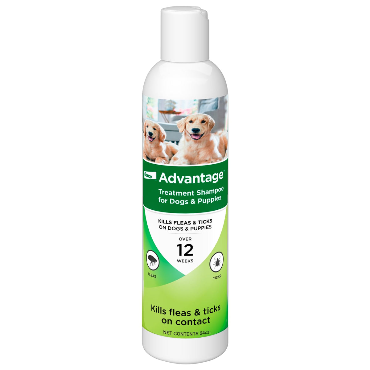 Advantage: bouteille-shampoing-puces-tiques-chien, pratique et utilisation facile.