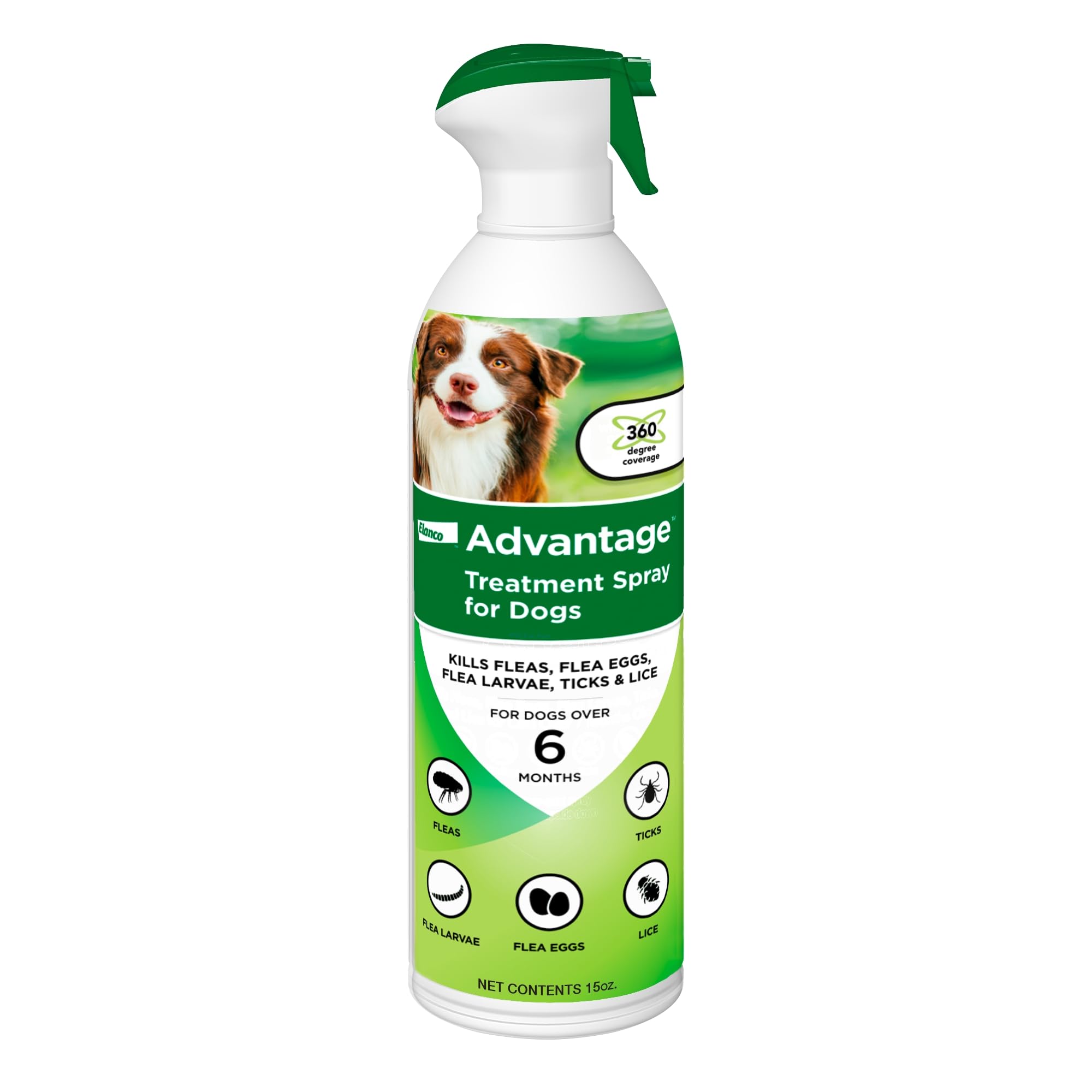 Advantage chien – pulvérisation fluide pour traiter puces et tiques sur le pelage.