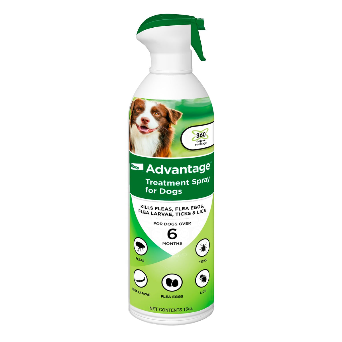 Advantage chien – pulvérisation fluide pour traiter puces et tiques sur le pelage.