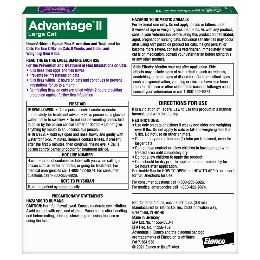 Advantage II Grand Chat - emballage et étiquette clairs pour une utilisation fiable.