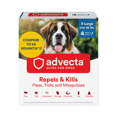 Advecta Ultra: bouteille et visuel d’application, protection mensuelle des chiens contre puces et tiques.