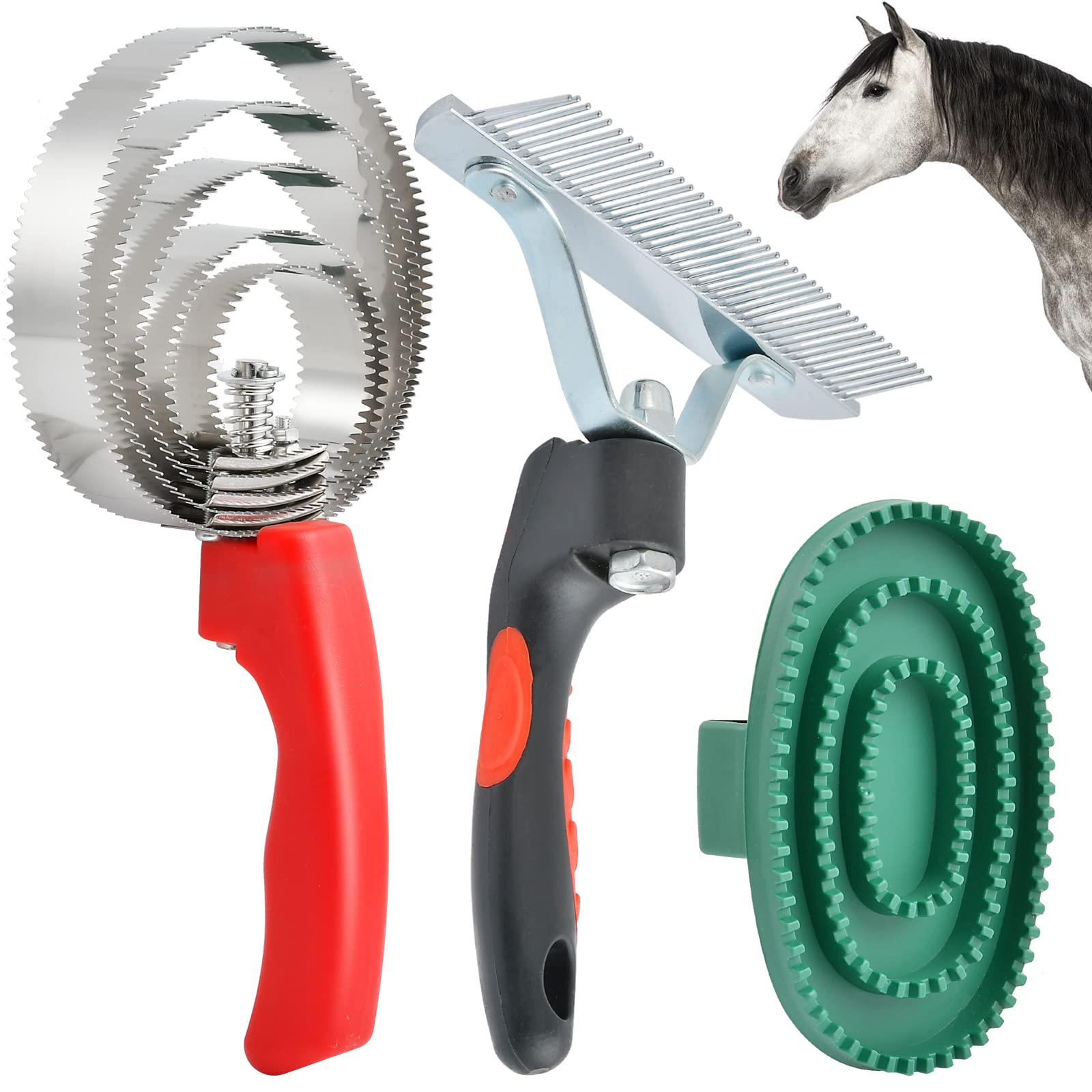 Brosse curry inox Aemygo à 5 anneaux réversible pour un brossage en profondeur.