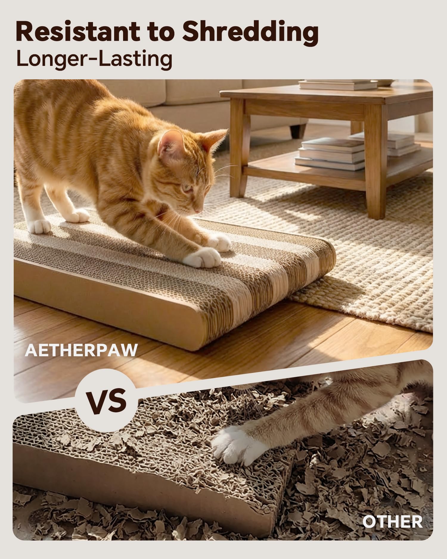 Aetherpaw griffoir-chat rayures design, intégration discrète en salon.
