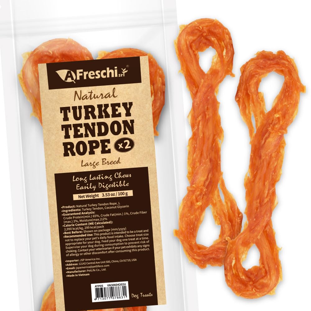 A Freschi Tendons de Dinde en emballage visible, friandise naturelle pour chiens.