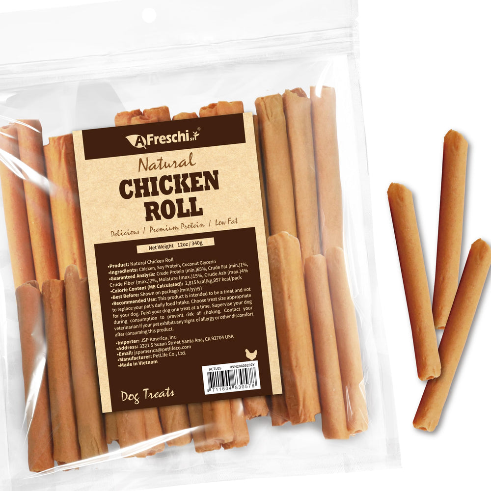A Freschi srl friandises poulet – emballage visible, récompense naturelle pour chien.