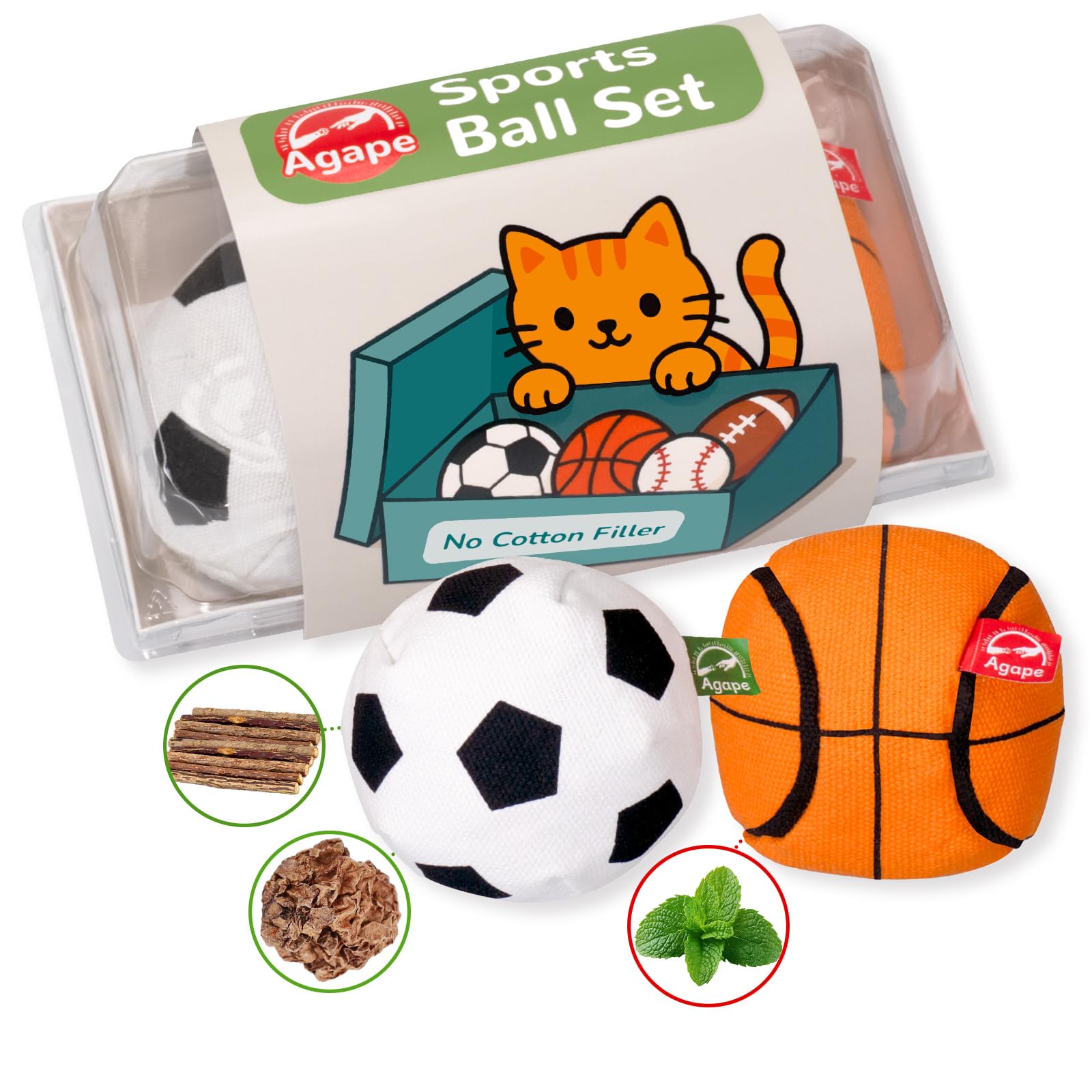 Jouet Agape pour chat avec cataire et plante argentée, balle interactive et bruit.