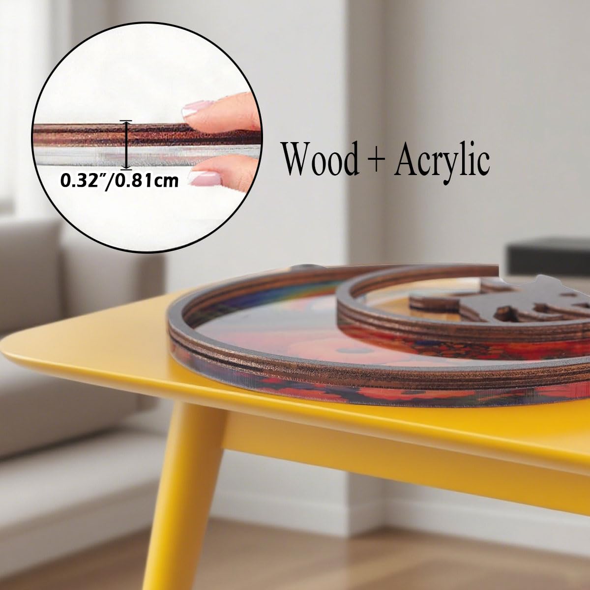 Acrylique et bois d’AgoumLux; lumière naturelle qui met en valeur le souvenir.