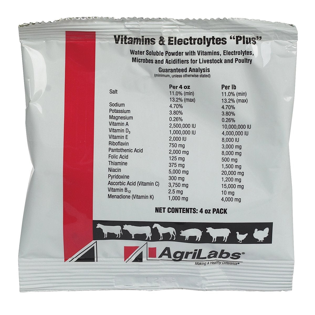 Agrilabs Vitamines et Électrolytes Plus, sachet 4 oz, soutient la vitalité animale et l'hydratation.