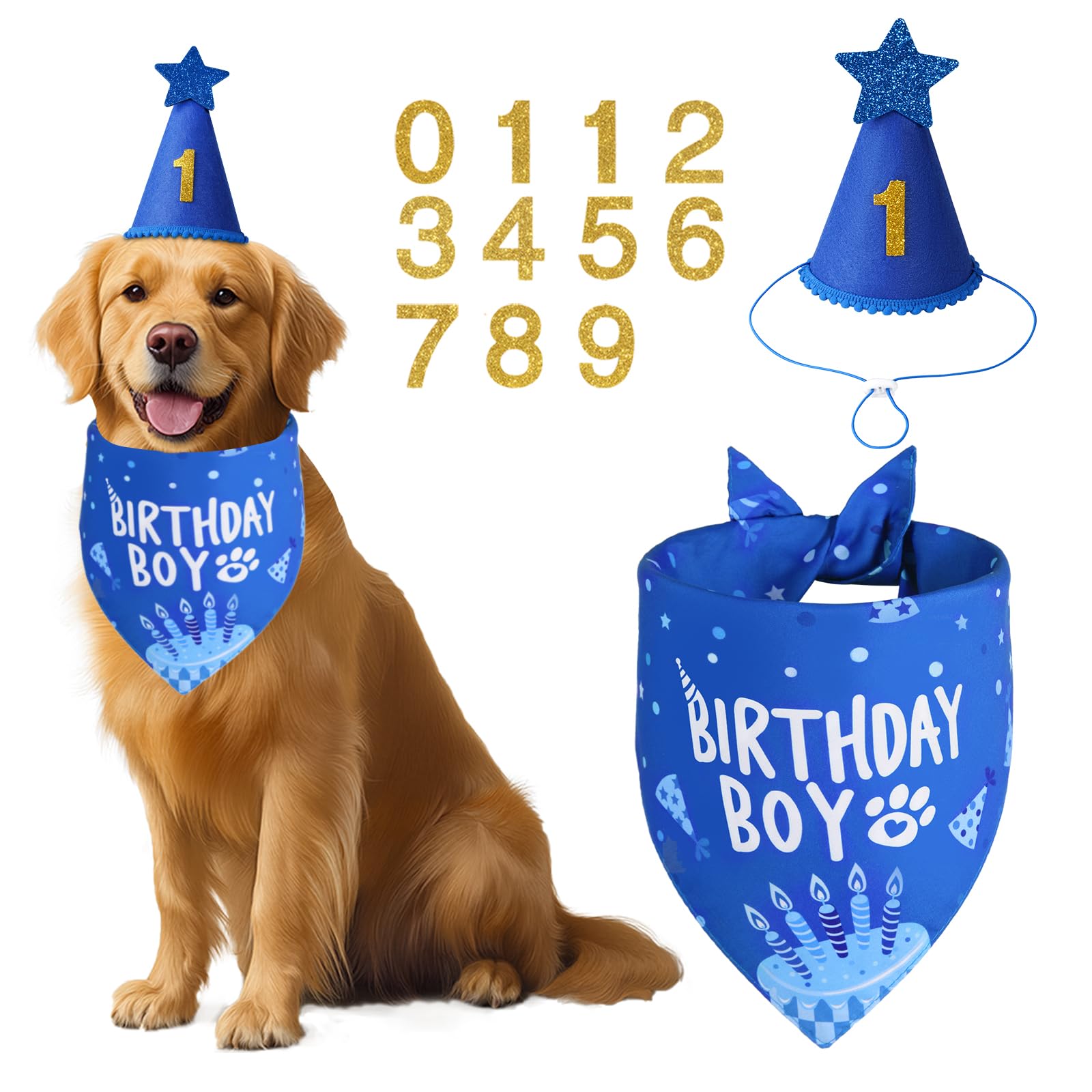 Chapeau d'anniversaire Agroon pour chien bleu, réutilisable et facile à attacher.