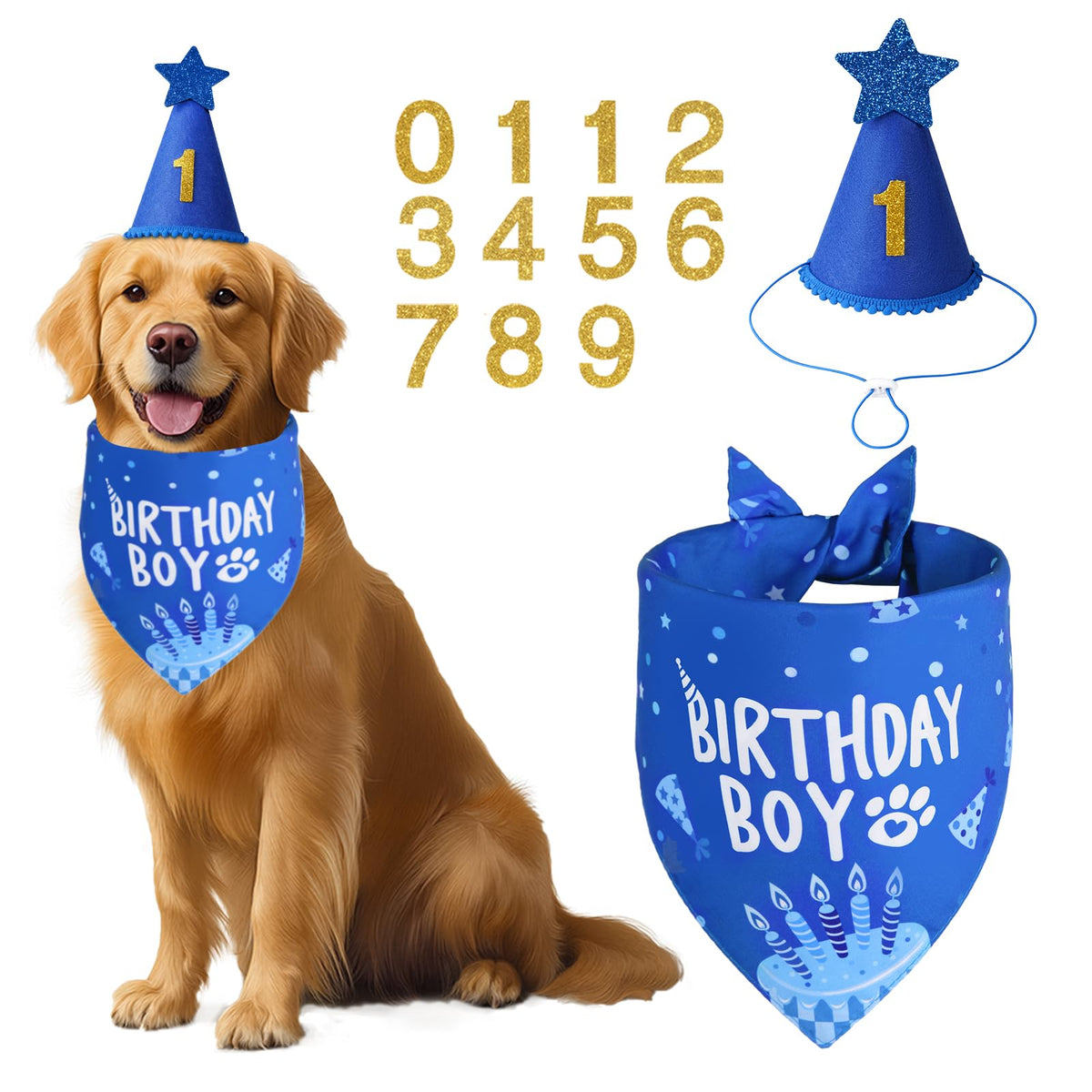 Chapeau d'anniversaire Agroon pour chien bleu, réutilisable et facile à attacher.