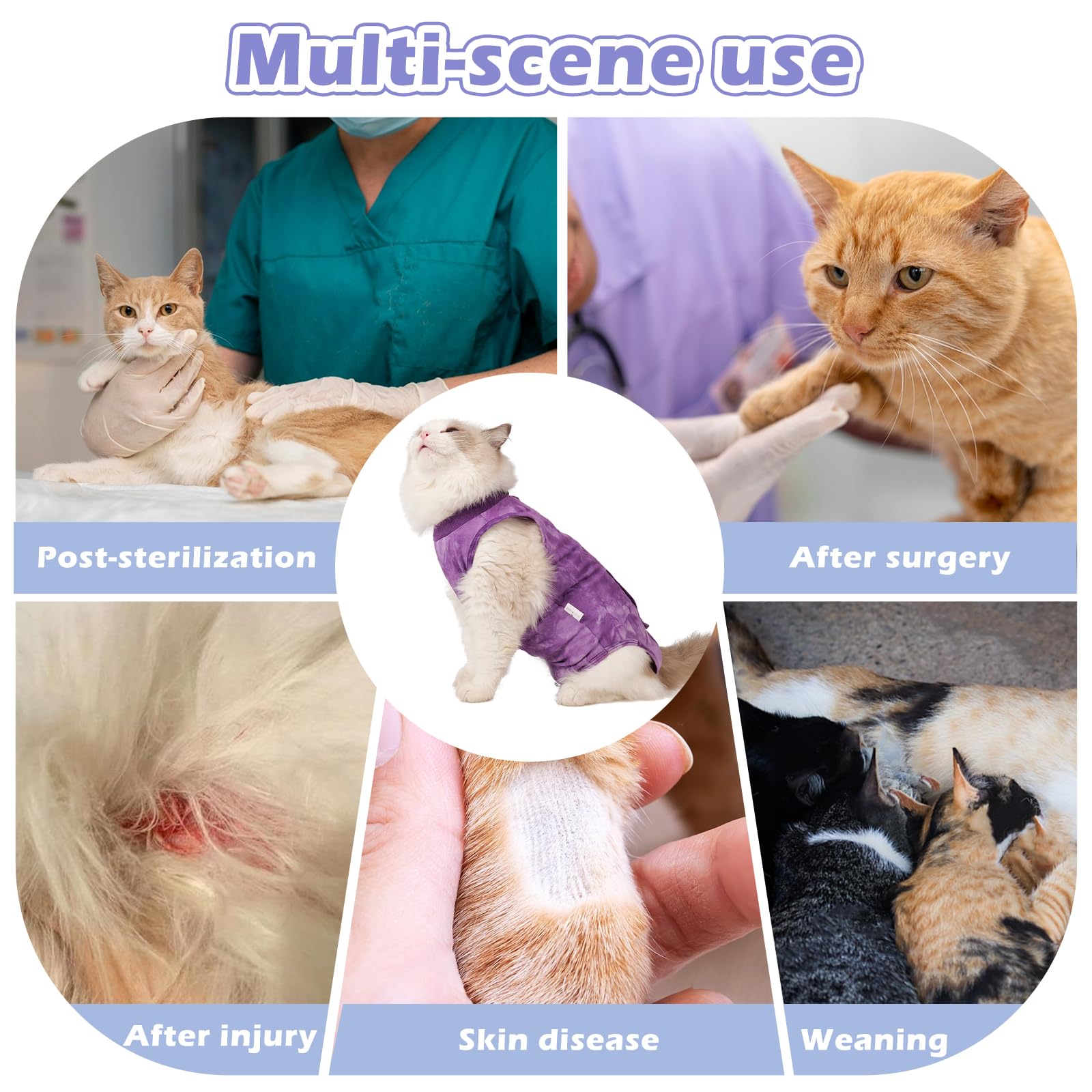Aiieim combinaison de récupération chat rose-violet vue arrière avec velcro.