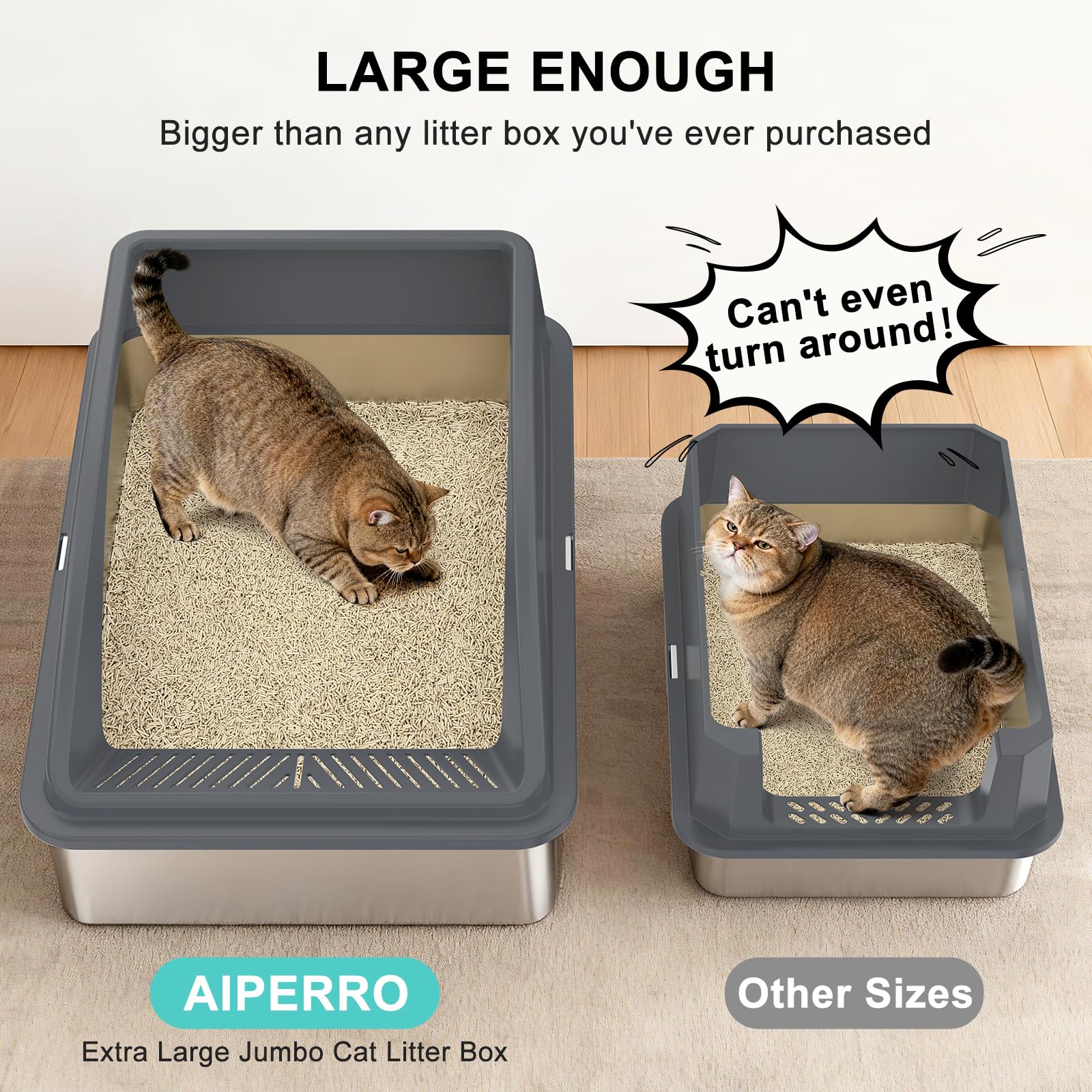 AIPERRO bac litière acier extralarge, filtre 30°, diminution des traces.
