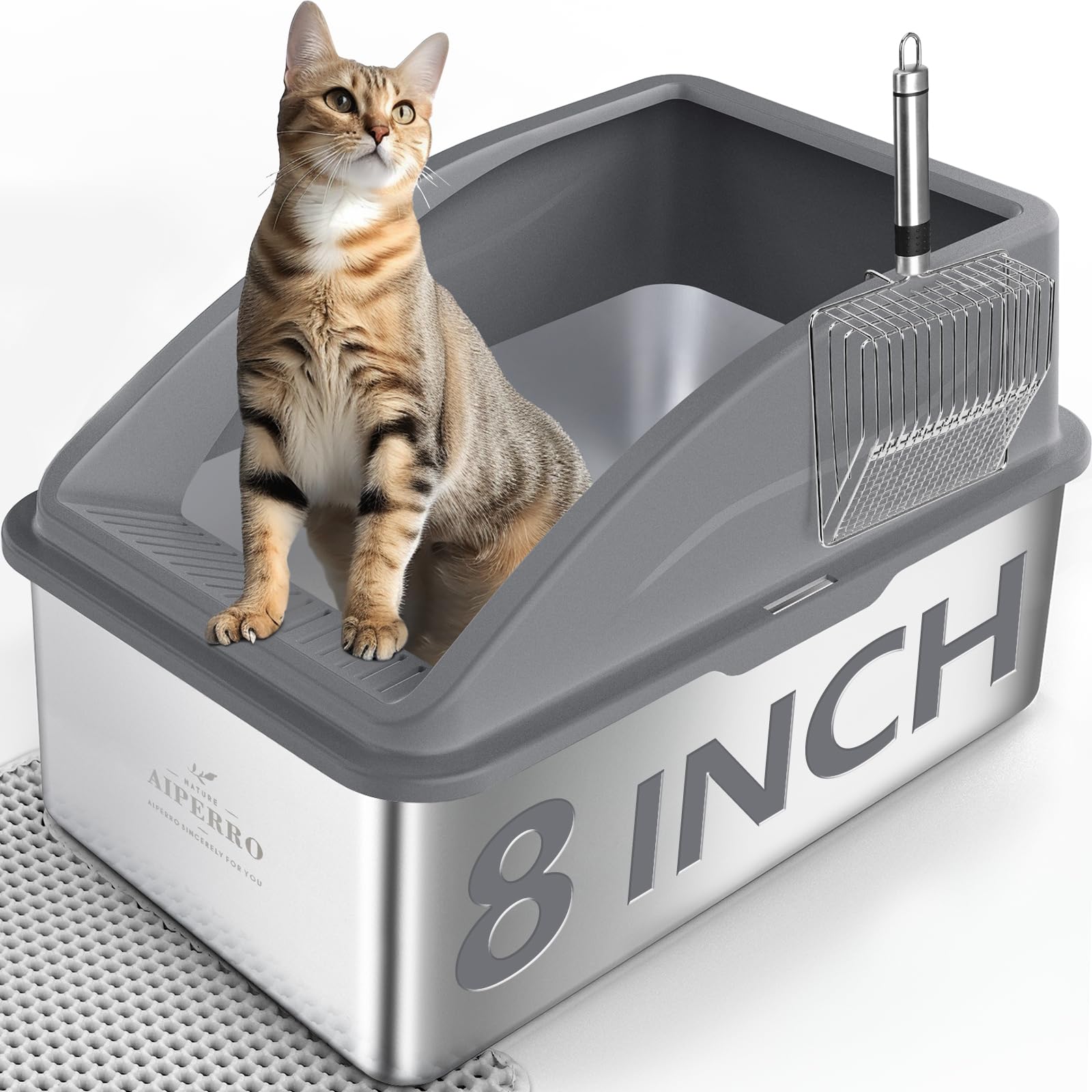 Bac litière AIPERRO XXL en acier inoxydable avec couvercle et profondeur 8 po pour grands chats