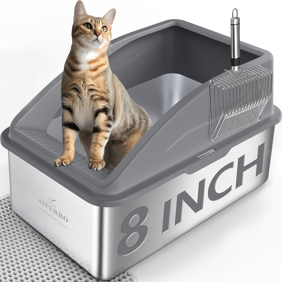 Bac litière AIPERRO XXL en acier inoxydable avec couvercle et profondeur 8 po pour grands chats